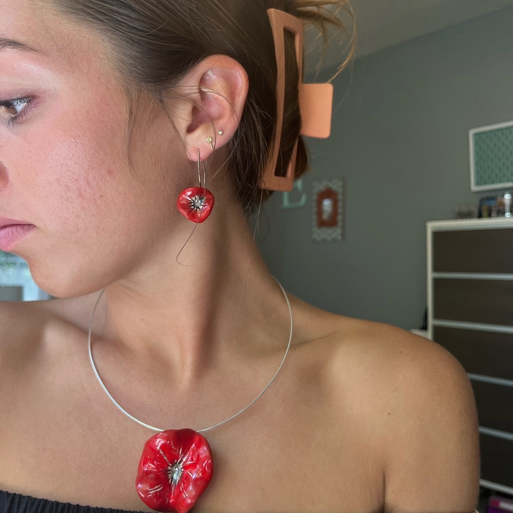 Red carnation necklace and earring set from Sevilla, Spain